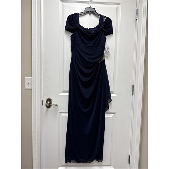 Alex Evenings Womens Size 6 Navy Blue Off Shoulder Draped Formal Gown Dress New - Picture 2 of 9